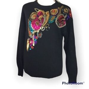 Vintage 80s/90s‎ Margules tunic sweater colored sequins and beads shoulder pads
